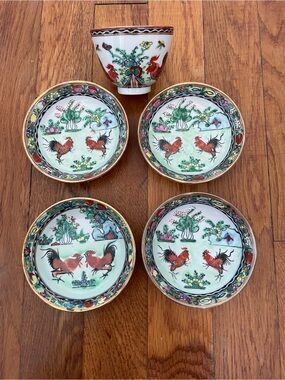 Japanese porcelain, Hand-Painted in Hong Kong Rooster Porcelain plates and Cup